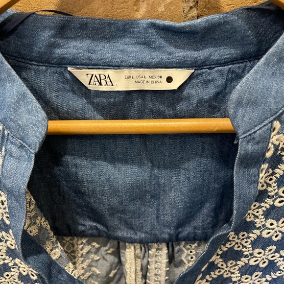 ZARA short demin embroidered tunic dress Sz L - Picture 3 of 3